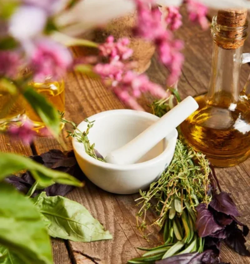 Image d'un motier en céramique et de plantes médicinales